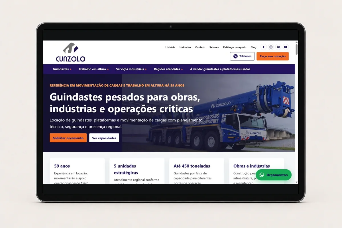 Página inicial do site Cunzolo apresentada em tablet