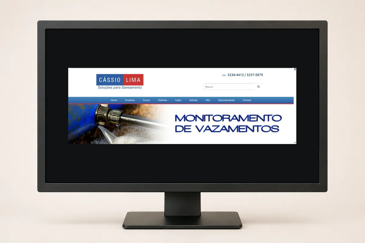 Versão de 2017 do site Cássio Lima Soluções para Saneamento exibida em monitor LCD