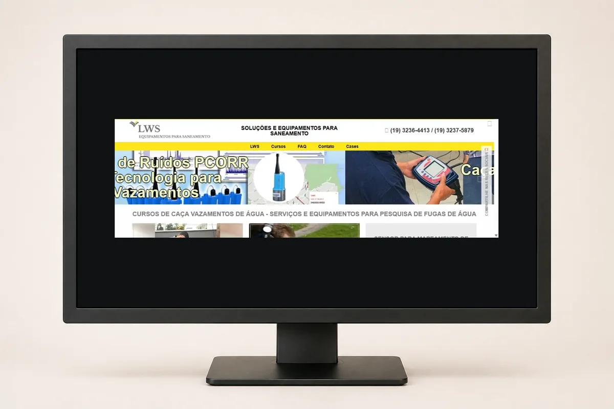 Versão de 2019 do site LWS Equipamentos para Saneamento exibida em monitor LCD