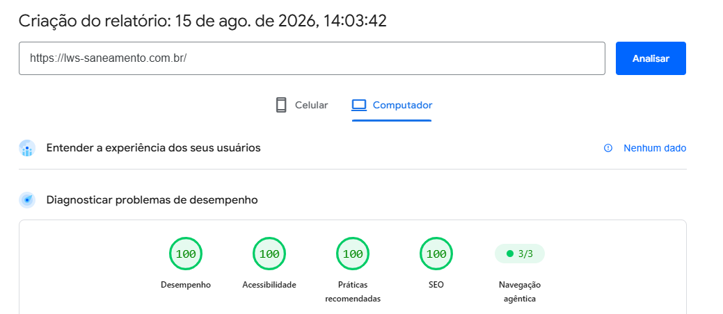 PageSpeed Insights da LWS Saneamento em computador, com nota 100 em desempenho, acessibilidade, práticas recomendadas e SEO em 15 de agosto de 2026