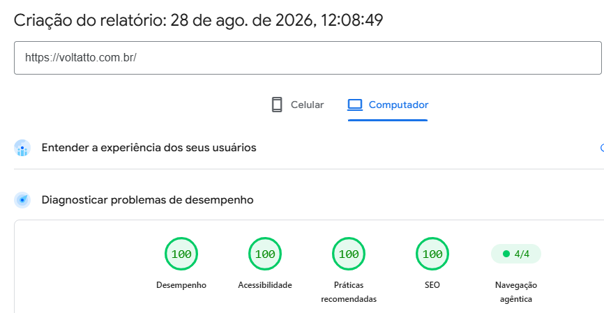 PageSpeed Insights da Voltatto com quatro notas 100 e navegação agêntica 4 de 4