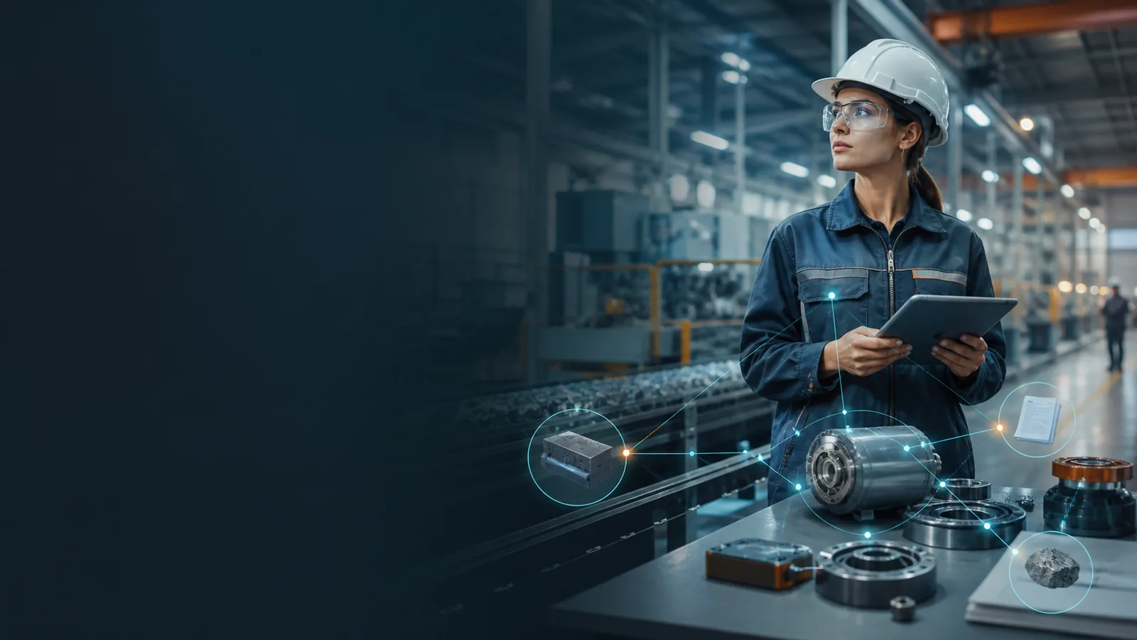 Engenheira em fábrica relacionando componentes, aplicações e documentação técnica