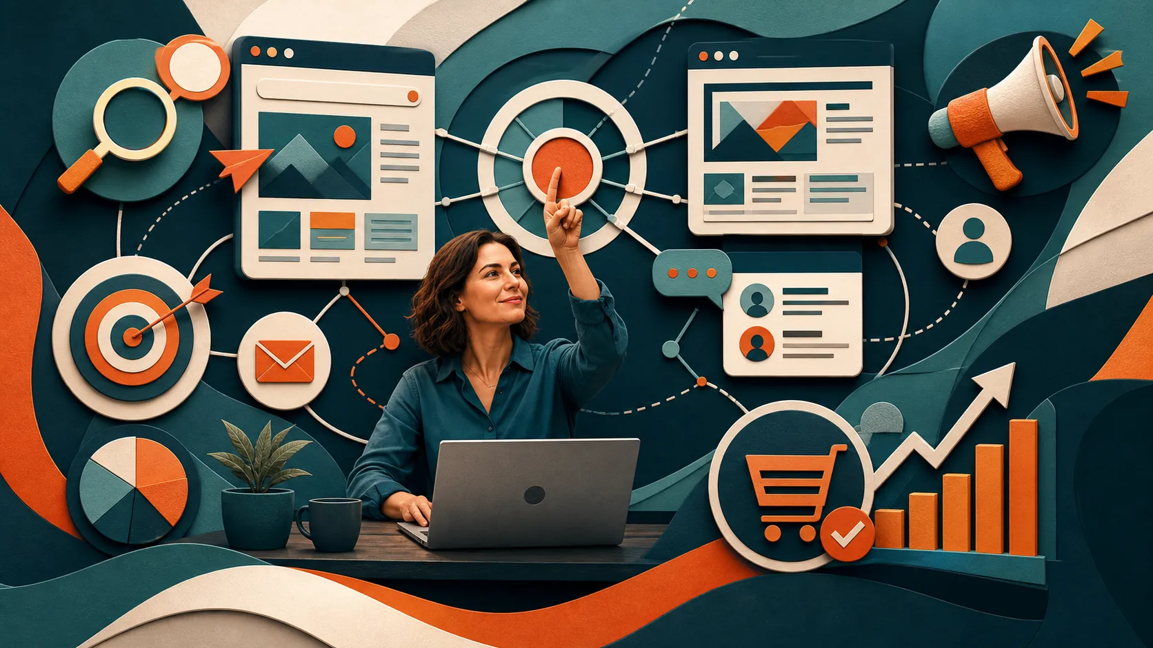 Decisor de pequena ou média empresa coordenando presença digital e vendas