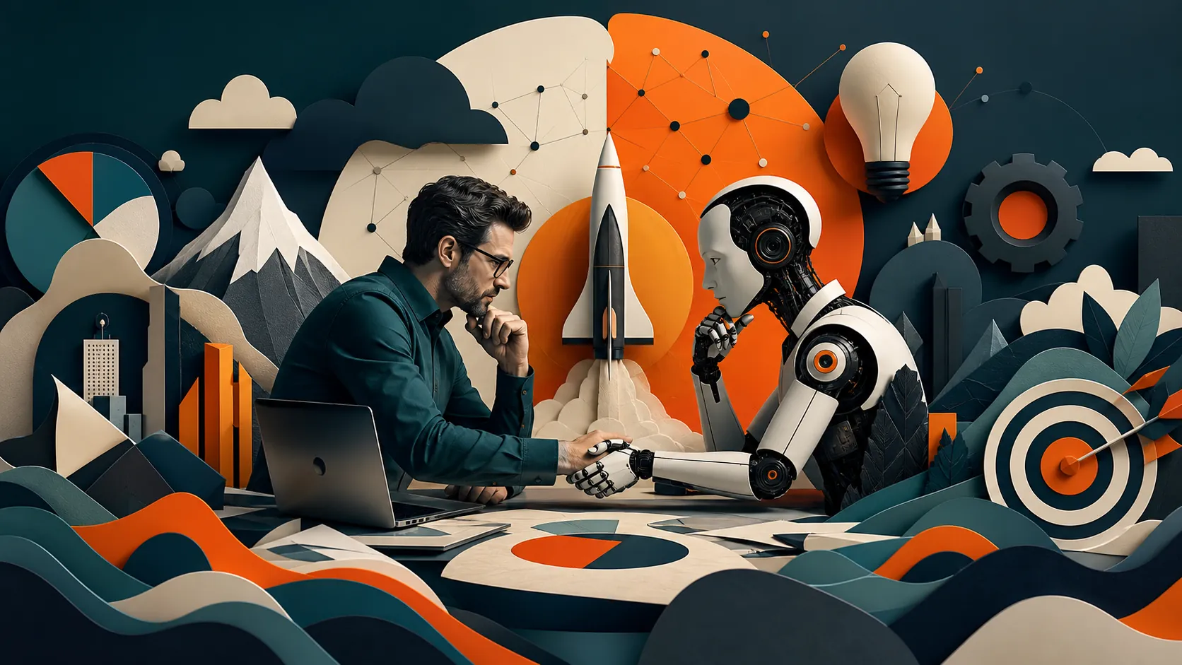 Inteligência humana e inteligência artificial trabalhando sob direção estratégica