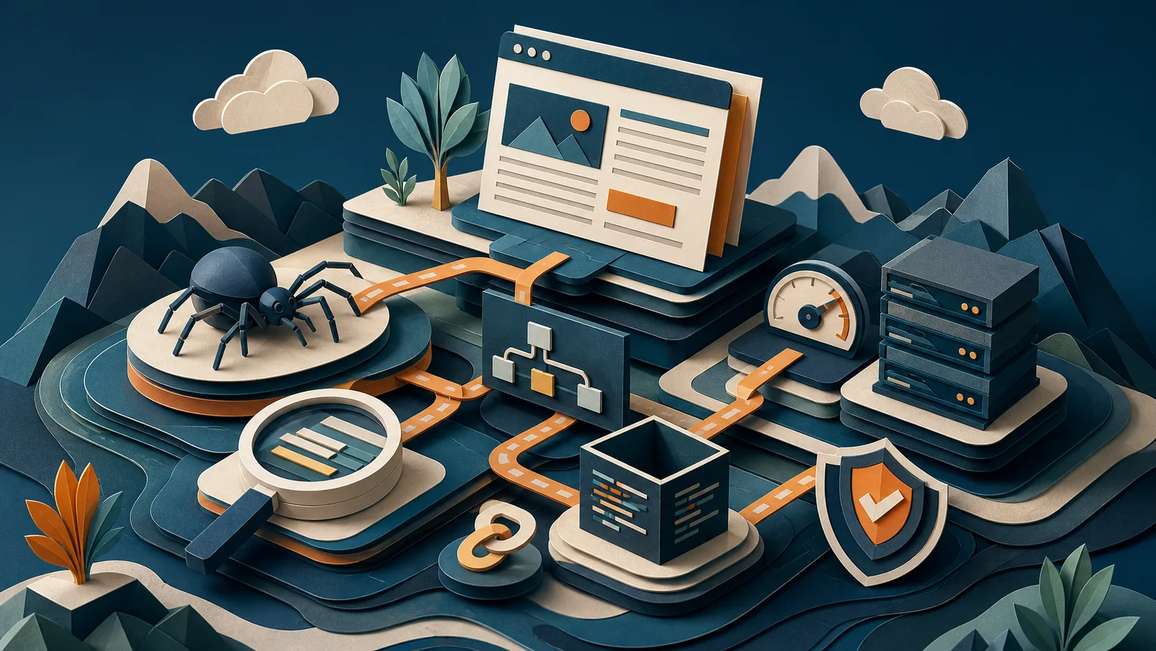 Ilustração editorial para SEO técnico para sites empresariais